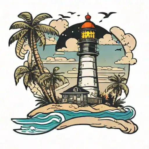 A Tattoo Of A Literary-themed Lighthouse Overlooking A Beach Filled With Dogs Playing In The Sand