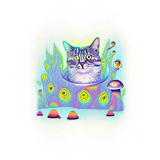 Trippy Cat With Mushrooms And In Nature