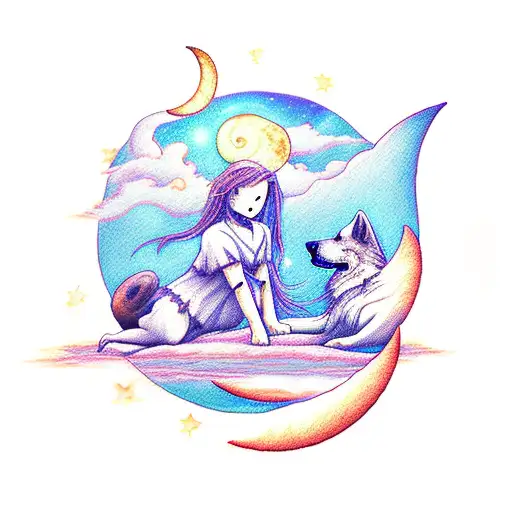 A Celestial Wolf And Dog Playing Under A Crescent Moon By A Serene Lake