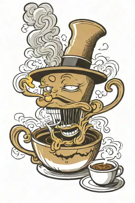 Cup Of Coffee With Smoke Trumpet Coming Out Of His
