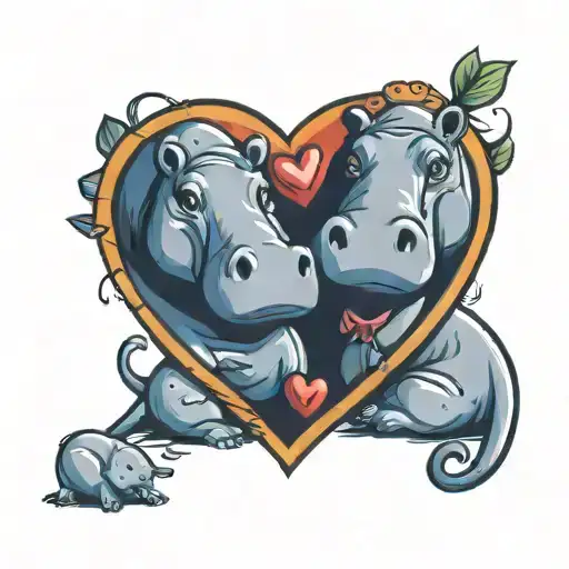 Two Hippos In Love Inside A Heart
