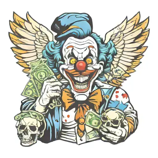 Clown Holding Money And Skull With Wings