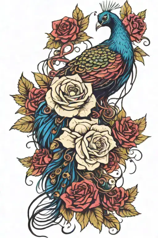 Peacock Intertwined With Realistic Thorny Roses Dripping Tears