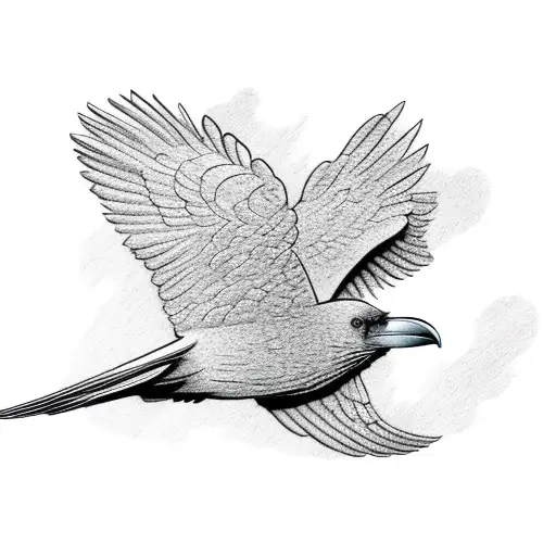 Engraving Of A Raven Flying With A Magic Wand In Its Paws