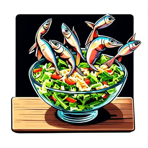 Caesar Salad In Glass Bowl With Cartoon Anchovies Poking Their Heads Out Looking