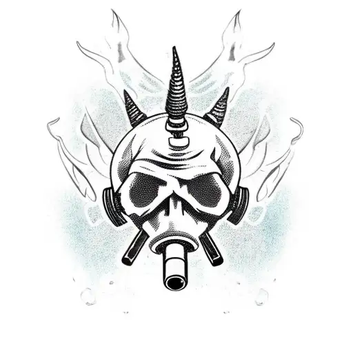 Flaming Broken Gas Mask With A Skull With Curled Horns Inside