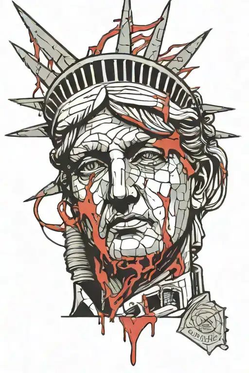 The Statue Of Liberty Covers Its Face With Bloody Hands Against The Background Of Moscow