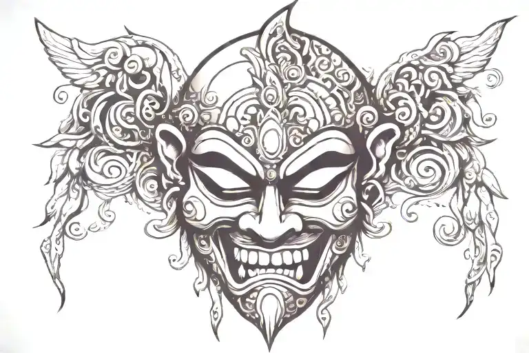 Evil Mask Of Javanese Mythology Tattoo With Minimalist Details