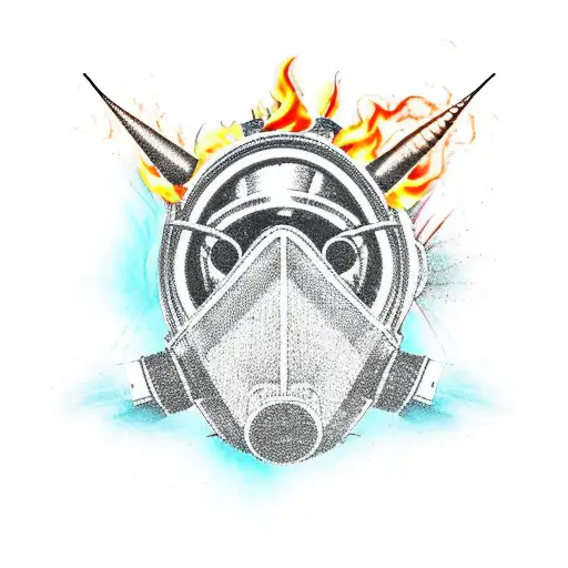 Flaming Broken Gas Mask With A Horned Skill Inside