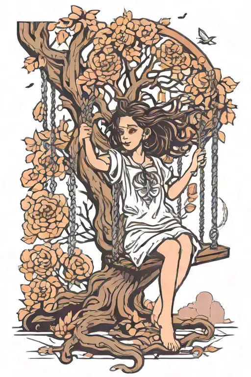 Girl On A Swing Next To The Tree Of Life