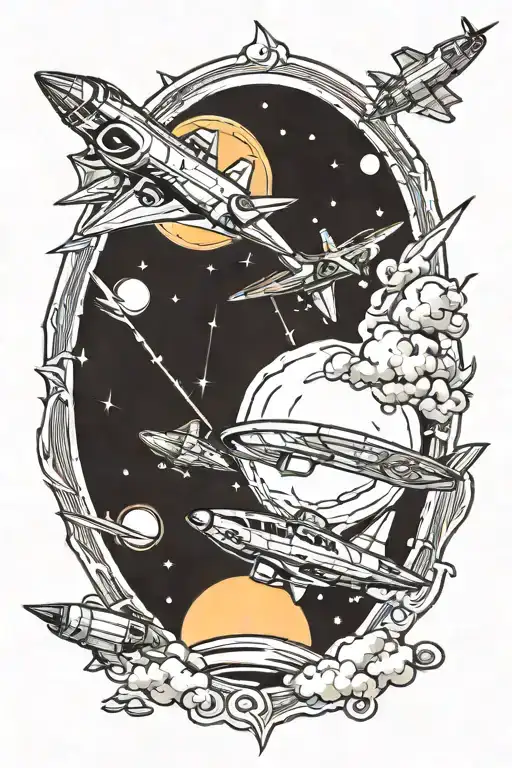 Space Jets Flying Towards Sun Setting