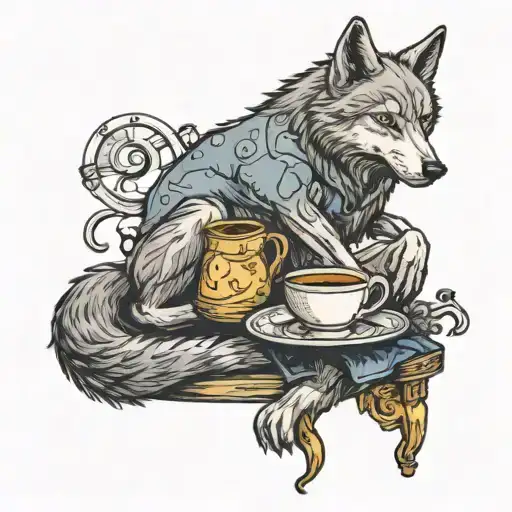 Wolf Weaing Sneakers Sitting On A Crescent Moon And Drinking From A Tea Cup