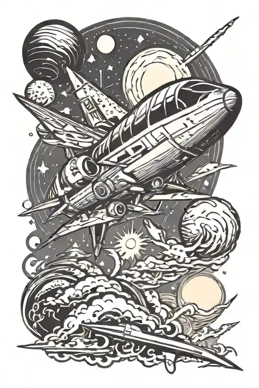 Space Jet Flying Towards The Sun Rising