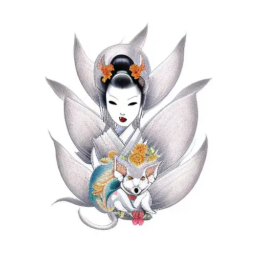 Geisha And Ninetails With Lotus