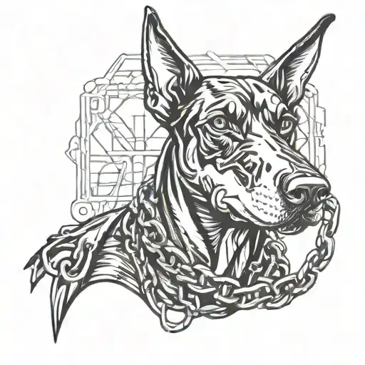 Doberman With Chains In The Background Of The Wire