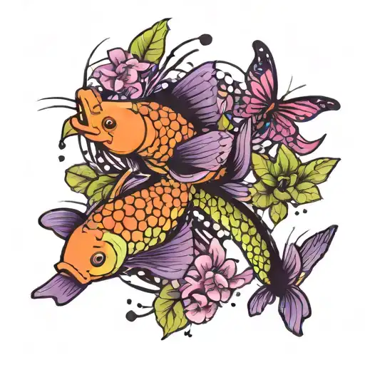 Black And Green Koi Fish Swimming Around A Swarm Of Purple Butterflies With Broken Wings