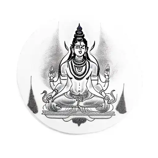 A Blackwork Tattoo Of Lord Shiva Meditating In A Serene Mountain Setting