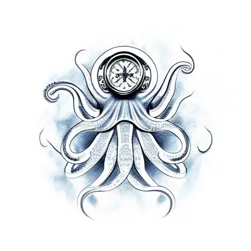 An Intricate Design Of An Octopus Wrapping Its Tentacles Around A Compass