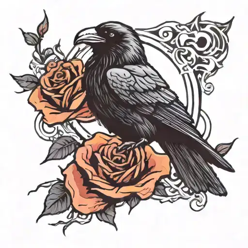 Raven With A Fire Rose Blooming