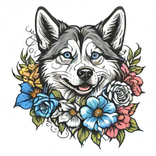 Husky And Flowers Wrapped
