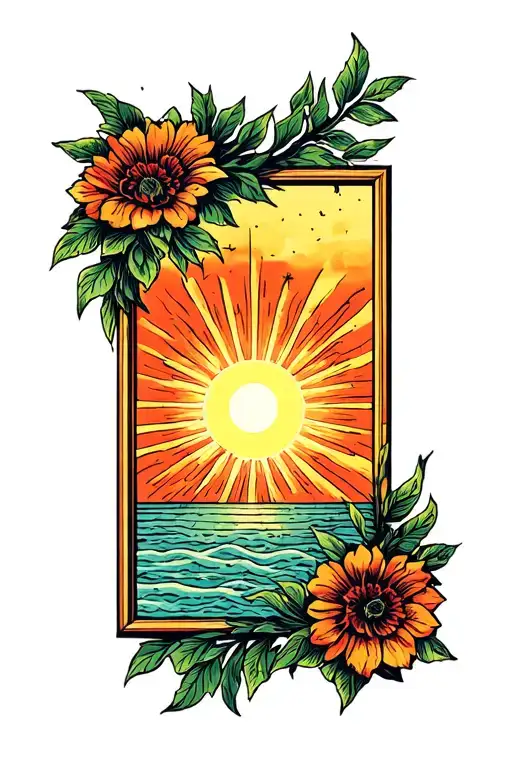 Rectangle Picture Frame With Hard Edges Depicting The Sun Just Beginning To Rise