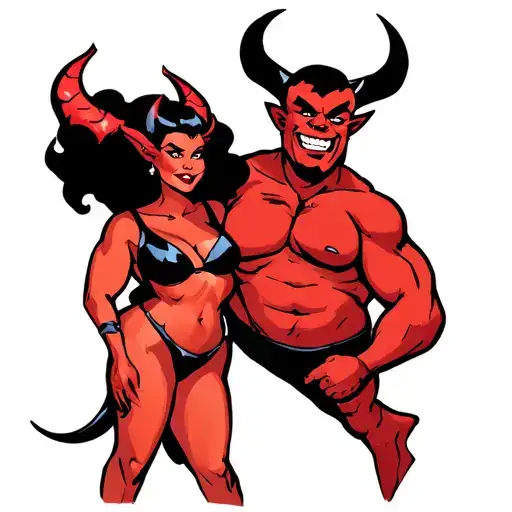 Cartoon Image Of A Confident Mischievous Trans Woman Devil And A Chubby Infatuated Male Devil