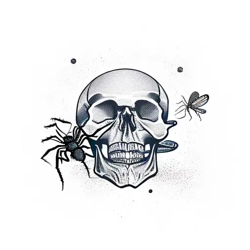 Skull With Botanic And Insects And Spider