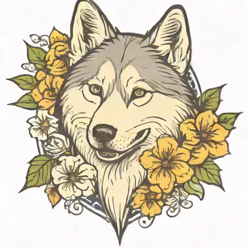 Husky And Flowers Surrounding