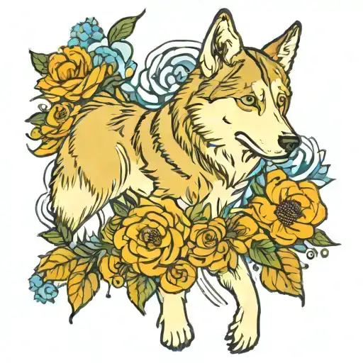 Husky And Flowers Surrounding