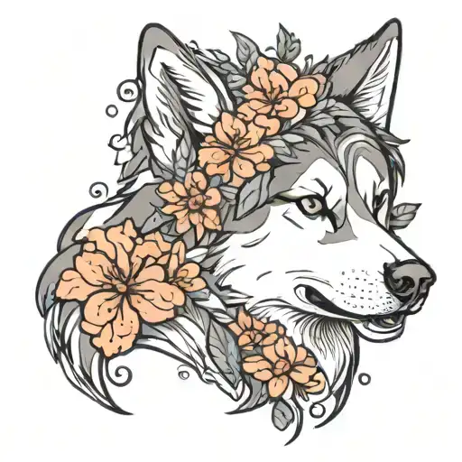 Husky And Flowers Blooming