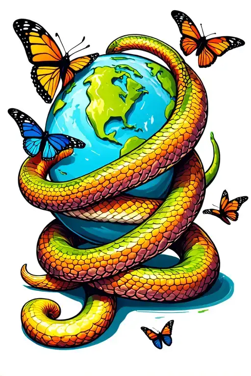 Snake Wrapped Around Earth With Butterfly's Around Them