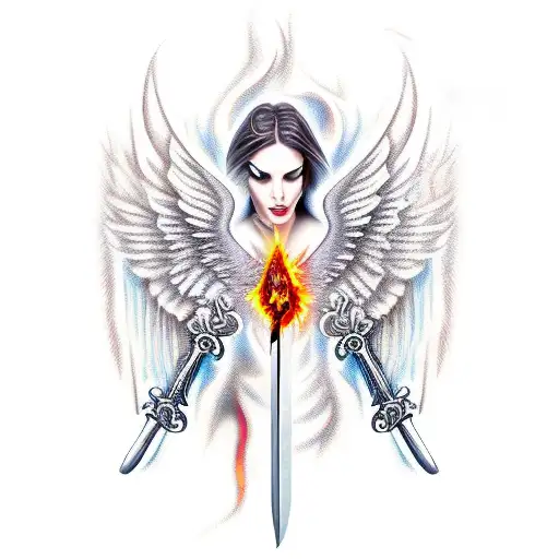 Falling Angel With Fire Eyes And Sword