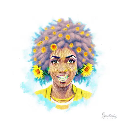 A Powerful Black Woman With An Afro Holding A Microphone Surrounded By Sunflowers