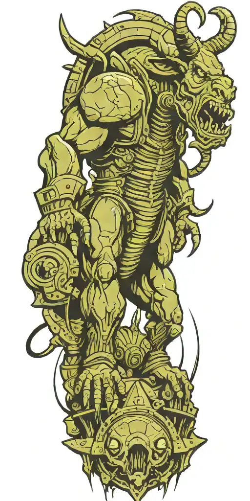 Minotaur Yelling Over Crashed Alien Spaceship That He Is Standing Atop Of In Victory