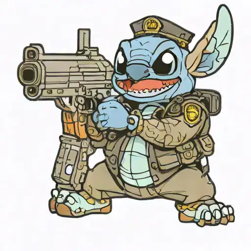 Stitch In A Police Uniform Holding A Gun