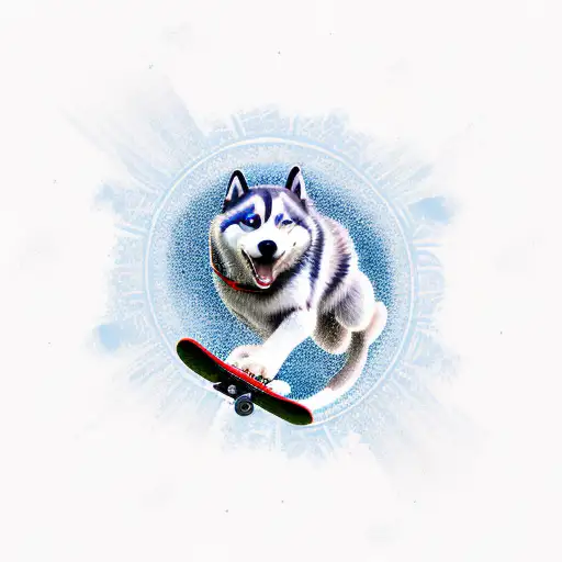A Skateboarder Performing A Kickflip Surrounded By Siberian Husky Fur Patterns
