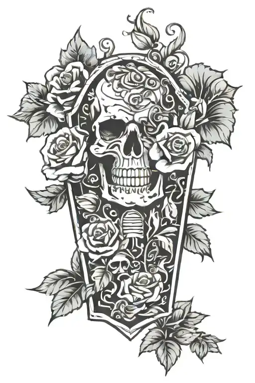 Coffin And Knives And Roses Mayflowers Hibiscus And Scroll