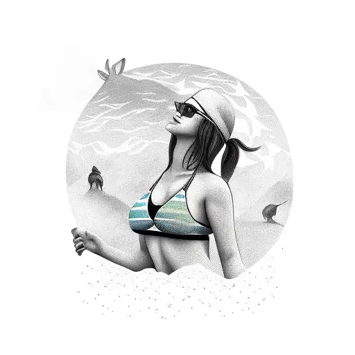 Girl In A Bikini Standing Next To A Wolf