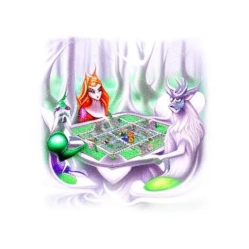 A Group Of Fantasy Creatures Playing A Board Game In A Magical Forest