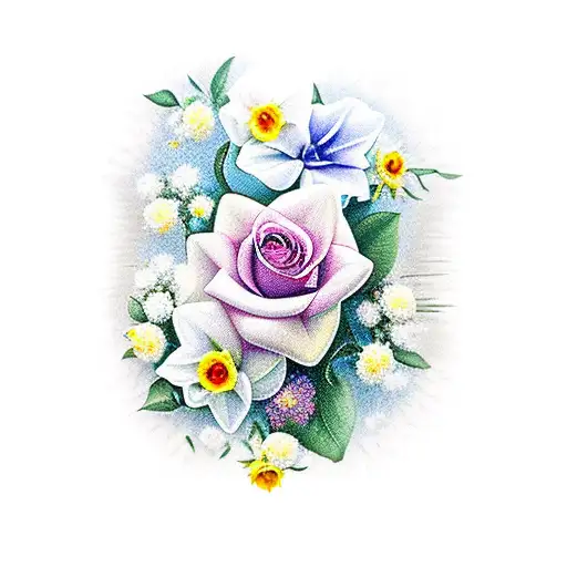 Bouquet Of Rose And Daffodil And Baby's Breath