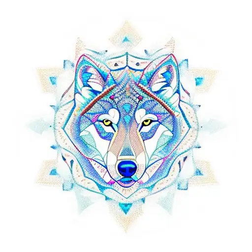 A Geometric Mandala Design Featuring A Majestic Wolf Surrounded By Intricate Dot Work Patterns