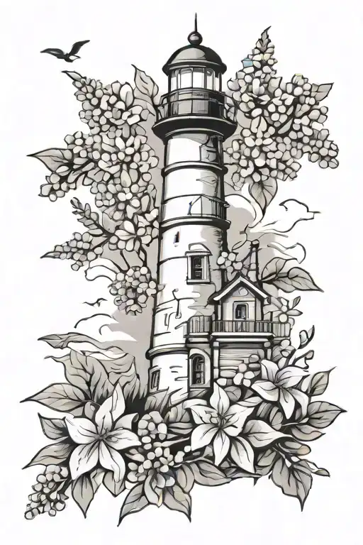 Lighthouse And Lilacs Blooming