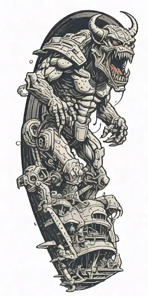 Minotaur Yelling Over Crashed Alien Spaceship That He Is Standing Atop Of In Victory