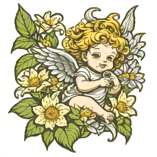 Cherub With Aster Flowers In The Background