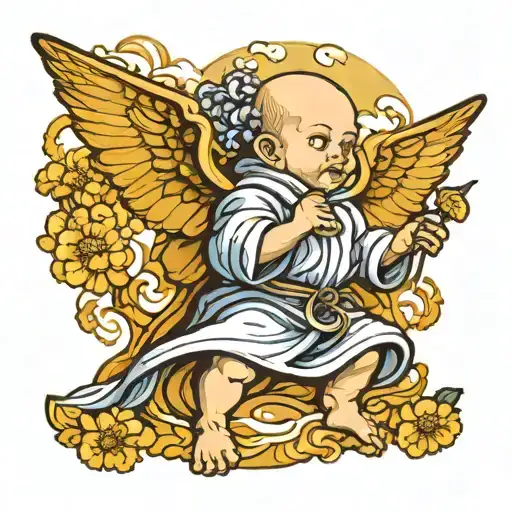 Cherub Wearing Monk Robes With Aster Flowers In The Background