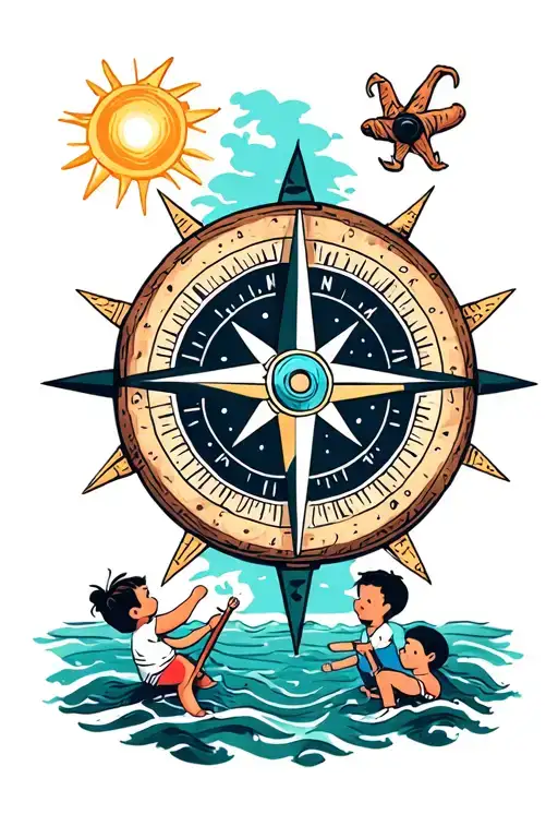 Compass Rose With Ocean Background And Kids Playing