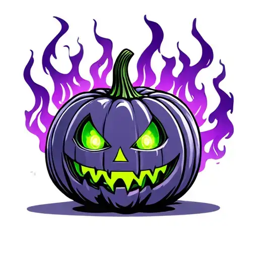 New School Pumpkin With Bright Green Eyes And Purple Flames