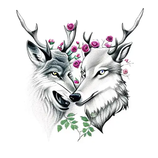 Stag And Wolf With Roses And A Crescent Moon