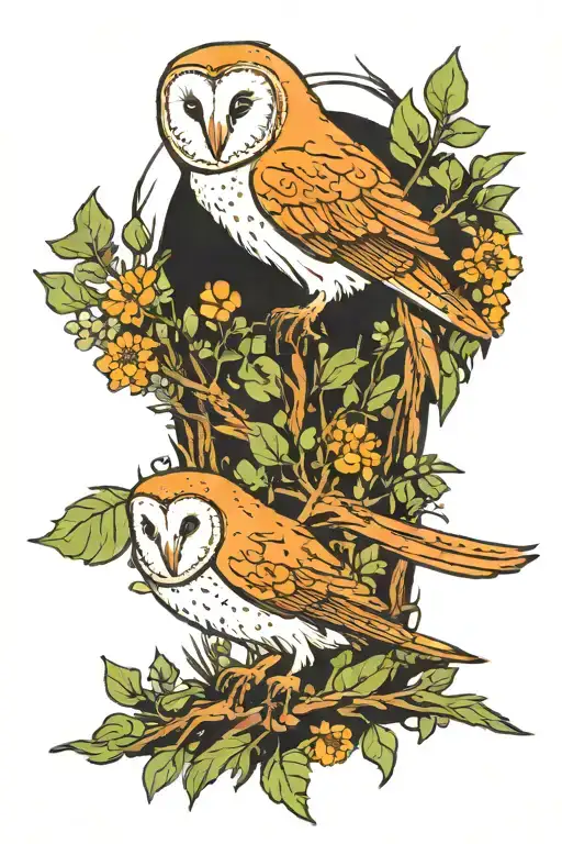 Barn Owl Perched With A Fox Surrounded By Foliage And Wildflowers
