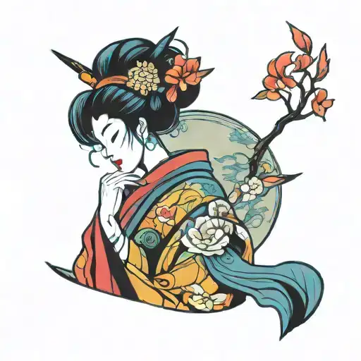 An Abstract Interpretation Of A Geisha's Silhouette With Vibrant Asian-inspired Colors